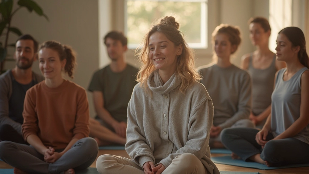 Groep mensen in mindfulness-sessie, zittend in cirkel op yoga-matten in rustige kamer