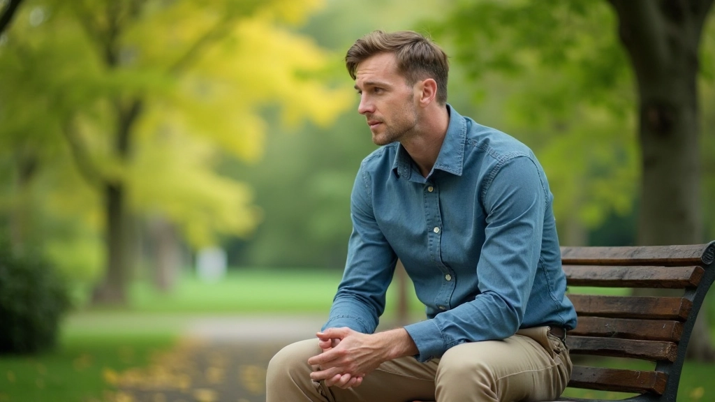 Persoon zittend op bankje in stille tuin, denkend en kijkend naar natuurlijke omgeving