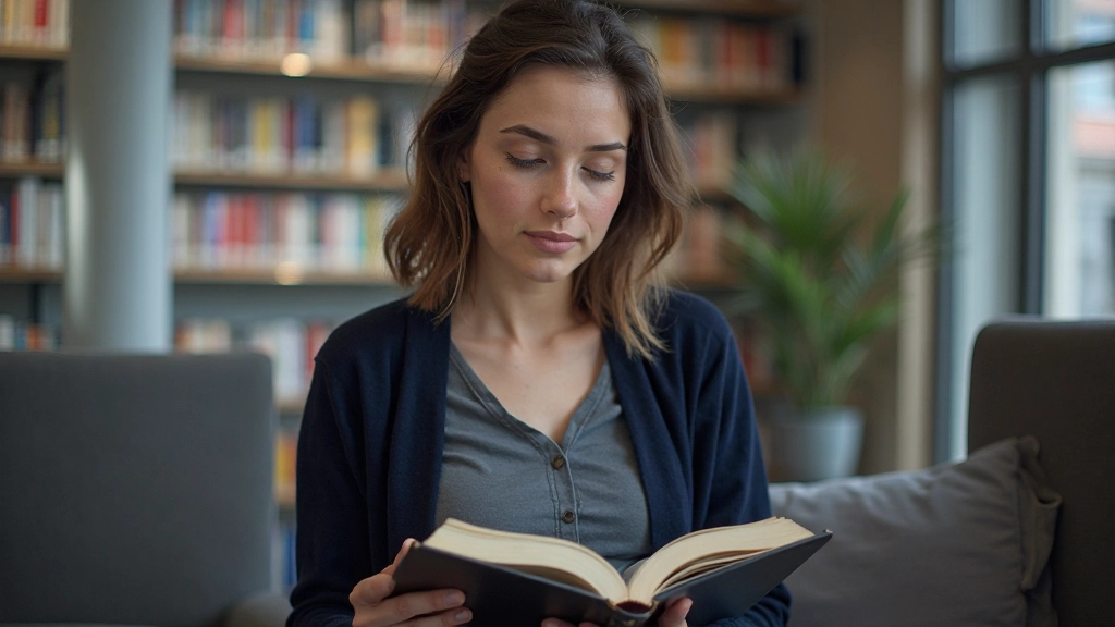 Persoon die een boek leest in rustige bibliotheekomgeving