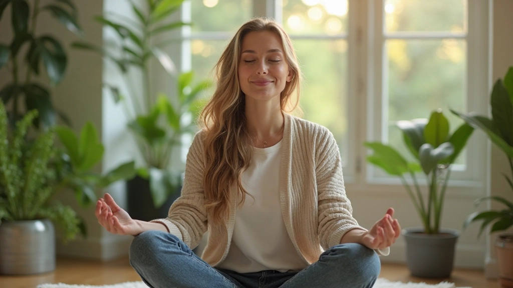 Vrouw die mindfulness en meditatie beoefent in vredige wellnessomgeving met planten