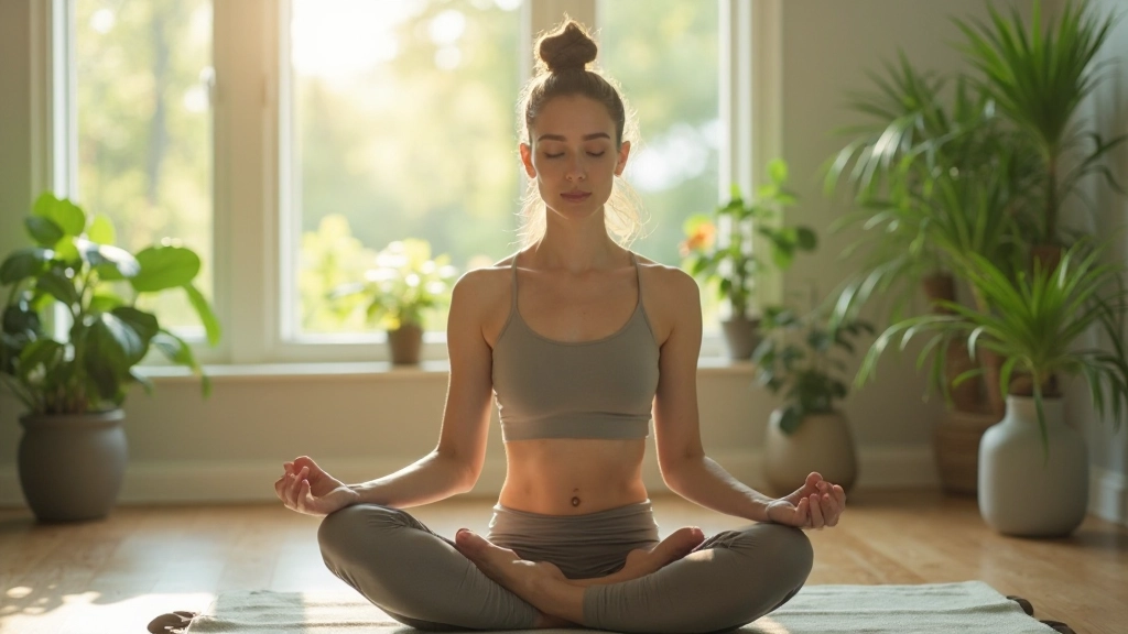 Woman practicing meditation and mindfulness in peaceful wellness environment with plants