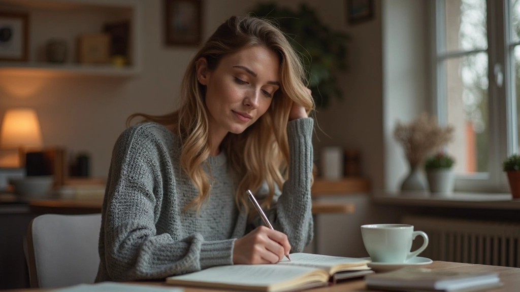 Persoon doet dagelijkse reflectie met journaal, kaarsen en kalmende omgeving thuis