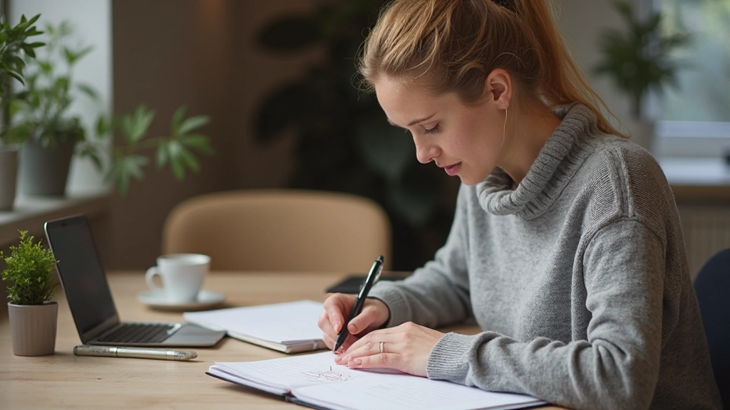 Professionele foto van persoon die planningskalender bijwerkt voor leerplan, aan bureau met koffie, warme kantooromgeving, onscherpe achtergrond, GEEN tekst, GEEN watermerken