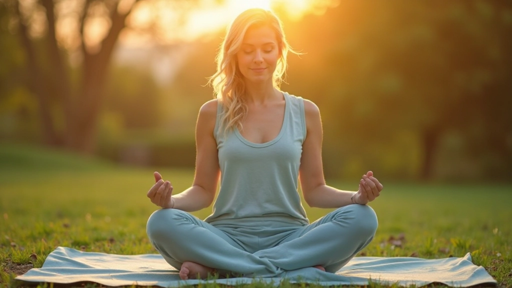 Vrouw in meditatiepositie in rustige natuuromgeving met zonsondergang