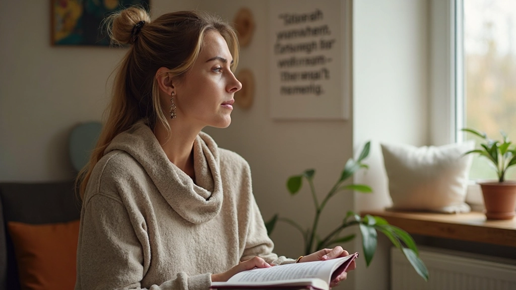 Person reflecting on progress with journal and vision board in inspiring personal development space