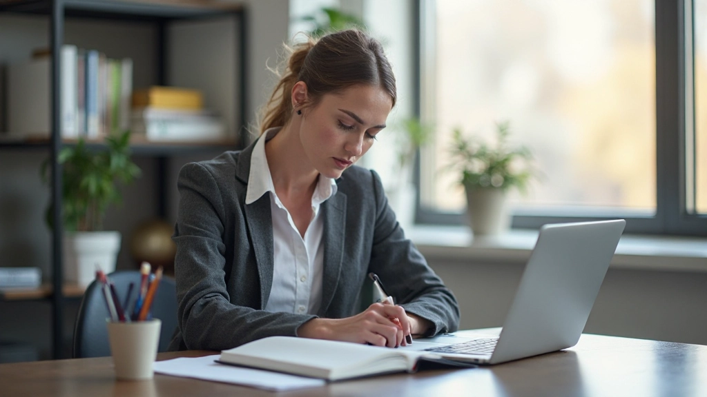 Professionele persoon die aan het studeren is met notitieboek en laptop in moderne werkruimte