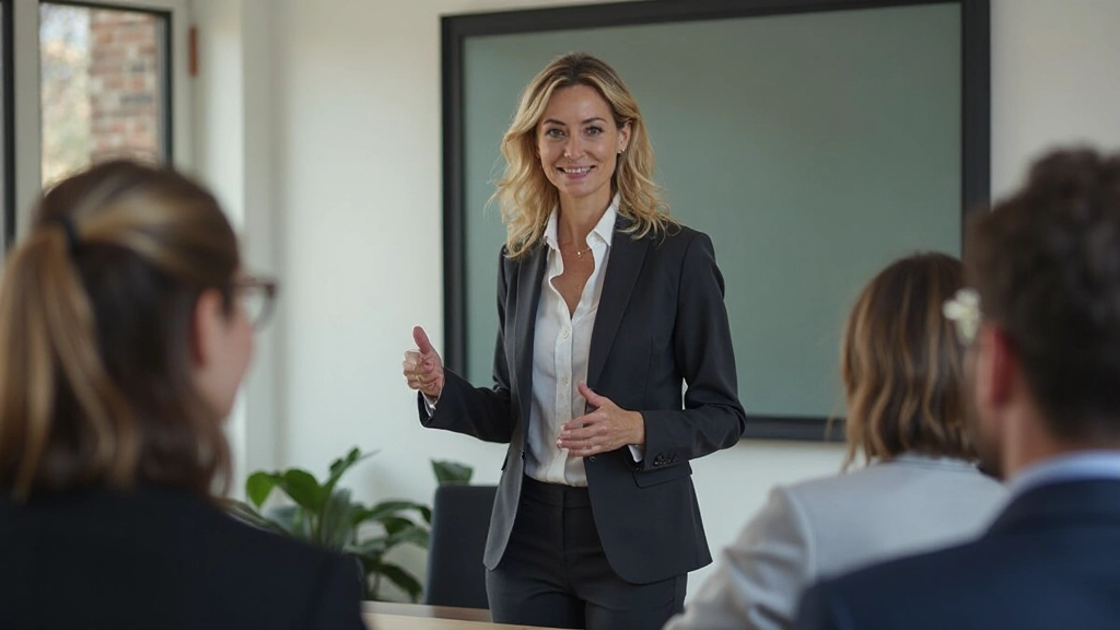 Succesvol zakenpersoon geeft presentatie met zelfvertrouwen en mindfulness