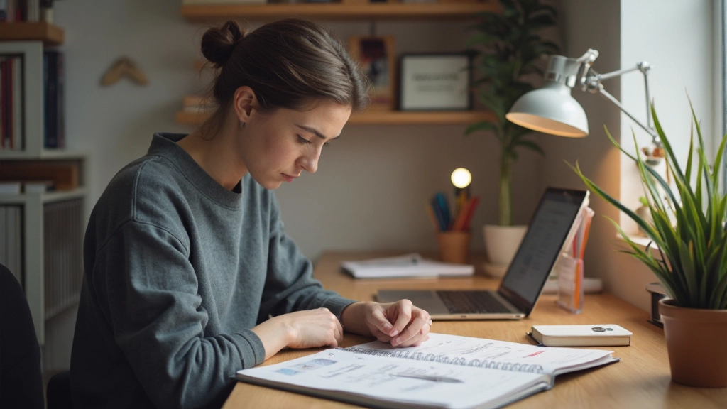 Werkruimte met planningstools: agenda, notitieblokken, en visiekaart met persoonlijke doelen
